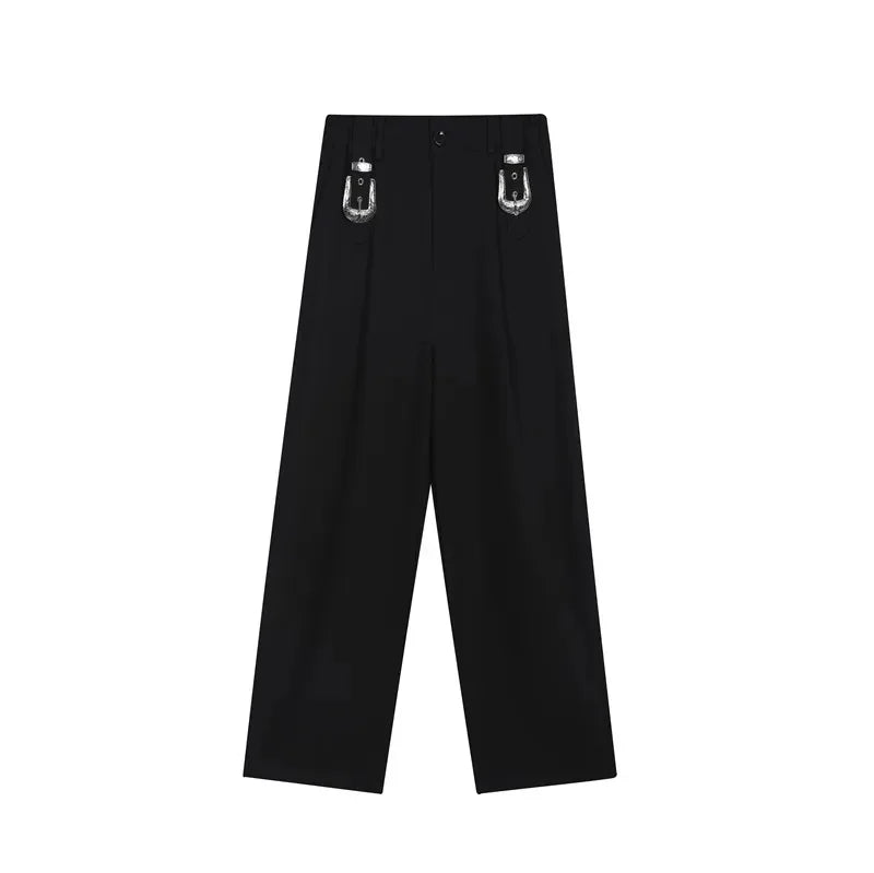 sanyamk Men Metal Button Loose Casual Wide Leg Suit Pants Net Celebrity Male Straight Fashion Vintage Floor Trouser Stage Clothing