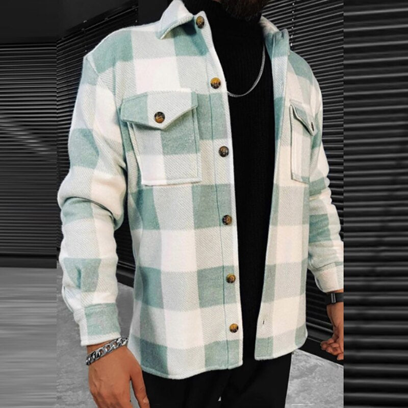 Bonsir Casual Long Sleeve Mens Jackets Button-up Turn-down Collar Cardigans Tops Autumn Men Fashion Plaid Printed Coats Outerwear