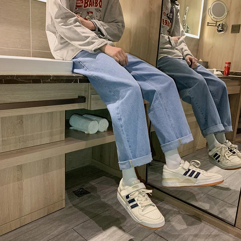 BONSIR - Streetwear Baggy Jeans New Spring Summer Men Korean Fashion Loose Straight Wide Leg Pants Male Clothing Light blue