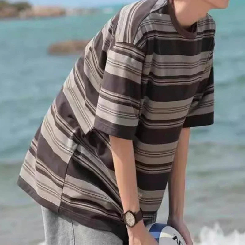 sanyamk - Fashion Striped Print Oversize T Shirt Men Summer Casual Short Sleeve Crew Neck T-shirts Streetwear Mens Stylish Loose Pullovers