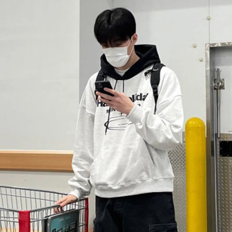 sanyamk - New Autumn Men's Hoodies Hooded Letter Printing Contrast Color Casual Drawstring Pullover Male Sweatshirts Tide 9C6906