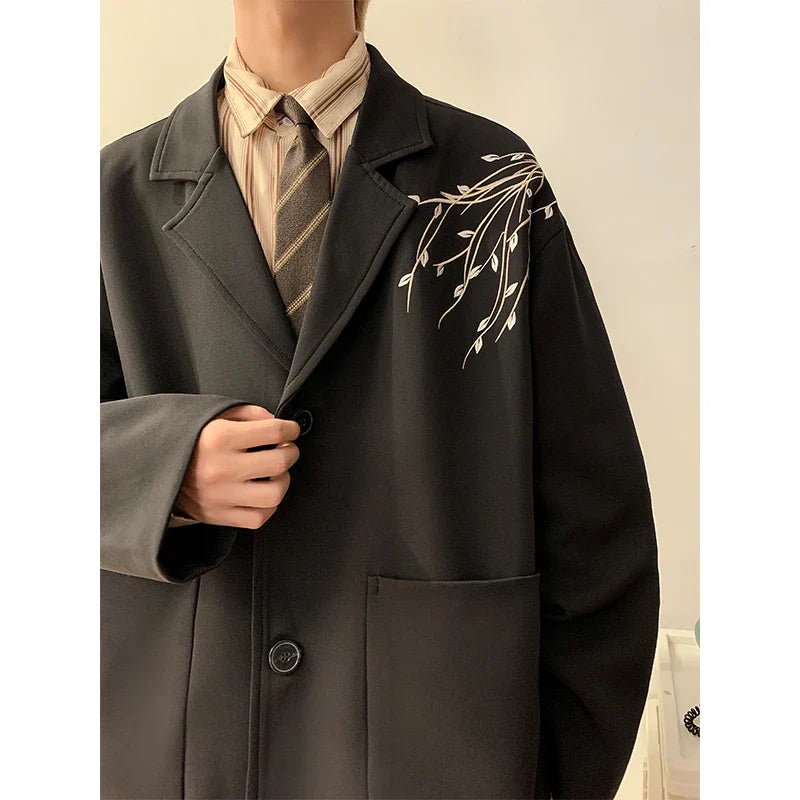sanyamk Casual Blazers Men Orchid Embroidery Solid Color Single Breasted Suit Jackets Japan Style Notched Collar Popular Interview Suits