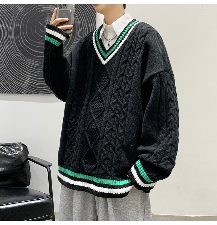 Bonsir Winter V-neck Sweater Men New Patchwork Color Knitted Sweater Pullover Harajuku Couple Streetwear Loose Knitwear Oversized 2XL