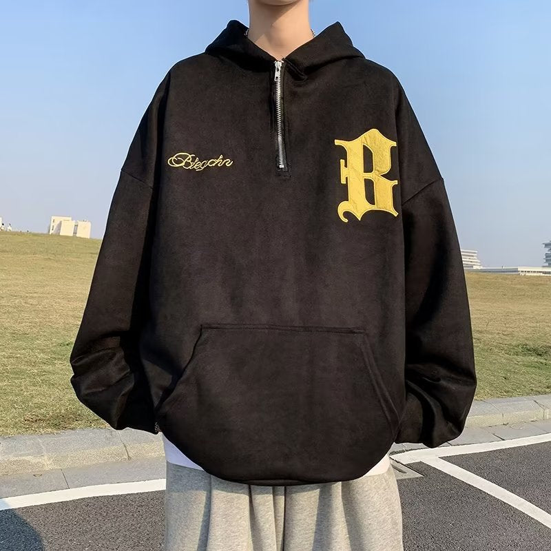sanyamk Vintage Men's Hoodie Suede Sweatshirt Letter Embroidery Harajuku Autumn Casual Pullover Women Half Zipper Hip Hop Hooded