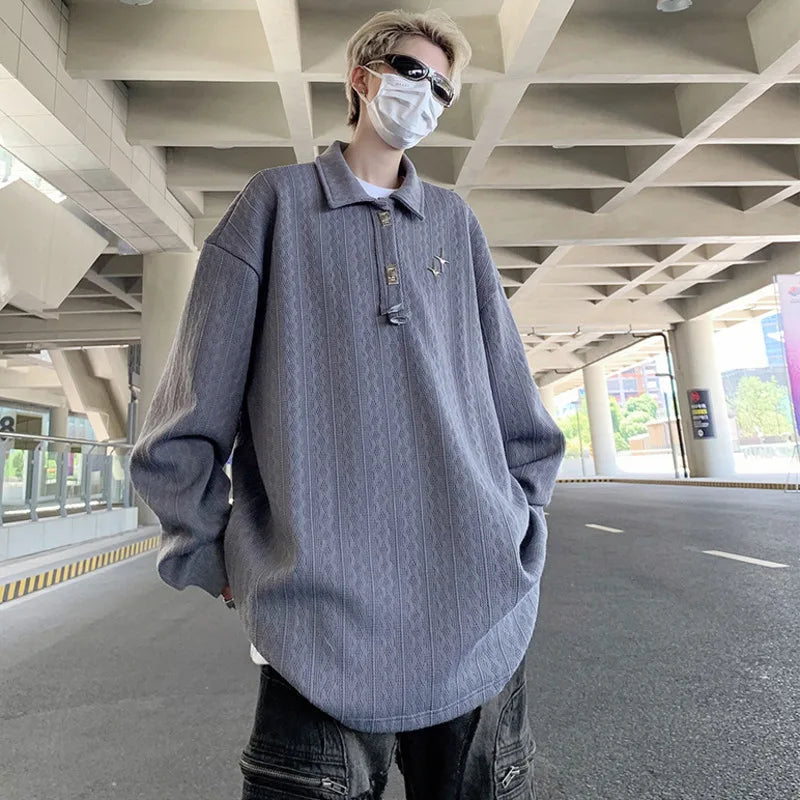 sanyamk - American Style Men's T-shirts Loose Metal Pattern Design Turn-down Collar Long Sleeve Casual Male Tees Strylish 9C6599