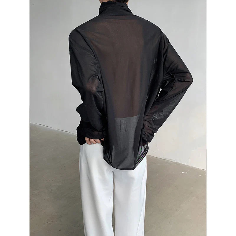 sanyamk Sexy Perspective High-neck Long Sleeve T Shirt Men Women Net Yarn Bottoming Shirt Spring Summer Transparent Black Tee Shirts