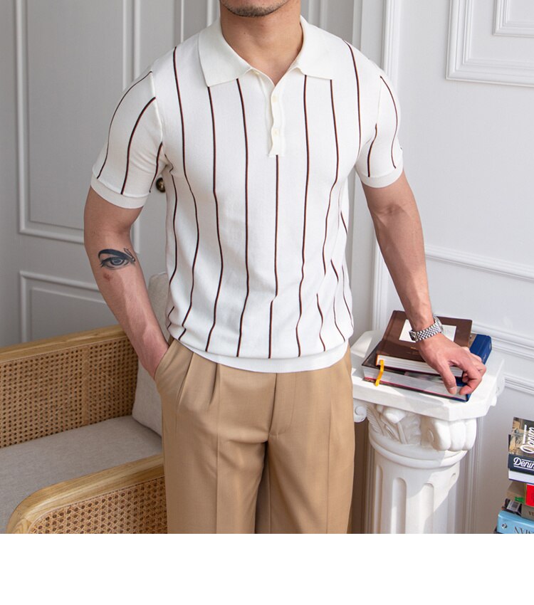 sanyamk Contrasting Stripes Casual Slim Lapel Polo Summer Knit Lapel T-shirt Polo Camisa Hombre British Men's Shirt Mannen Polo