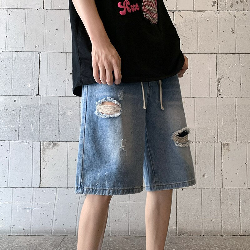 sanyamk American Washed Vintage Jean Short Man Loose Hollow Hole Distressed Denim Short Pants Men Summer Streetwear Y2k Shorts