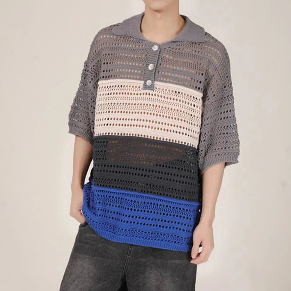 sanyamk Men Luxury Knit Polo Shirt Breathable Casual Hollow Out T Shirt Fashion Turn-down Rainbow Striped Short Sleeve Fishnet Tops Tees