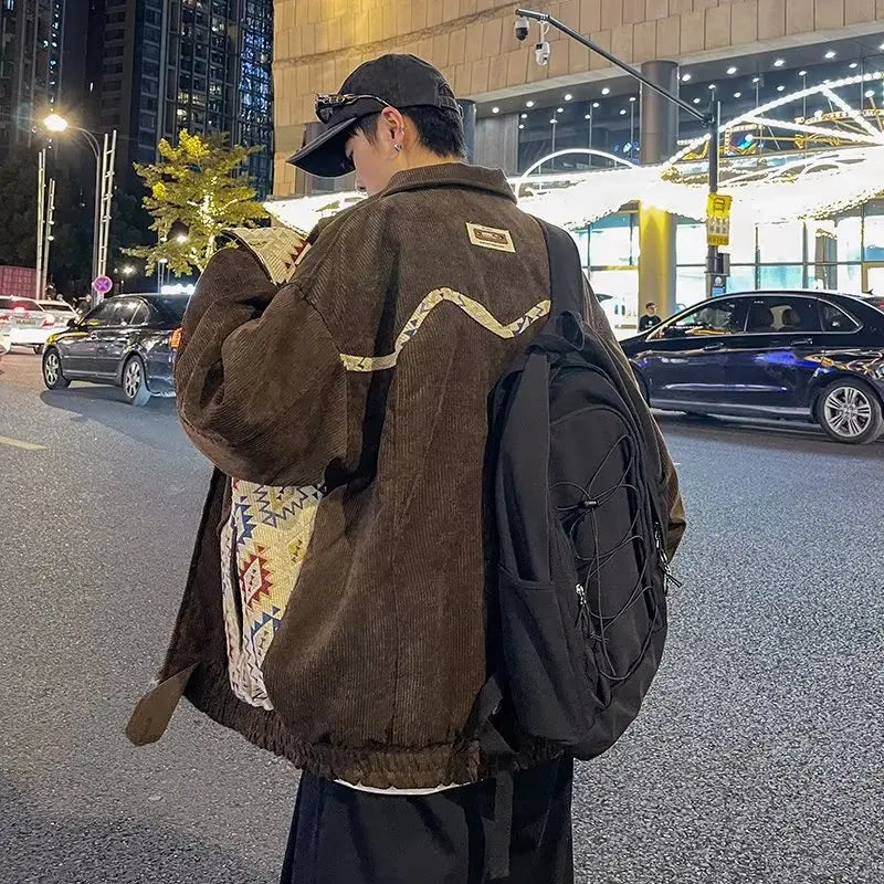 sanyamk Patchwork Jackets Men Trendy Popular Daily Spring Autumn Spliced Geometric Pattern Folk-style Handsome Teenagers Outerwear Chic