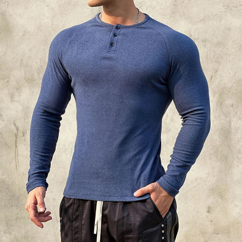sanyamk - Casual Long Sleeve Solid T-shirt Gym Man Long Sleeve Henry Collar Shirt Muscle Men Elastic Ribbed Basic Tops Pullover Streetwear