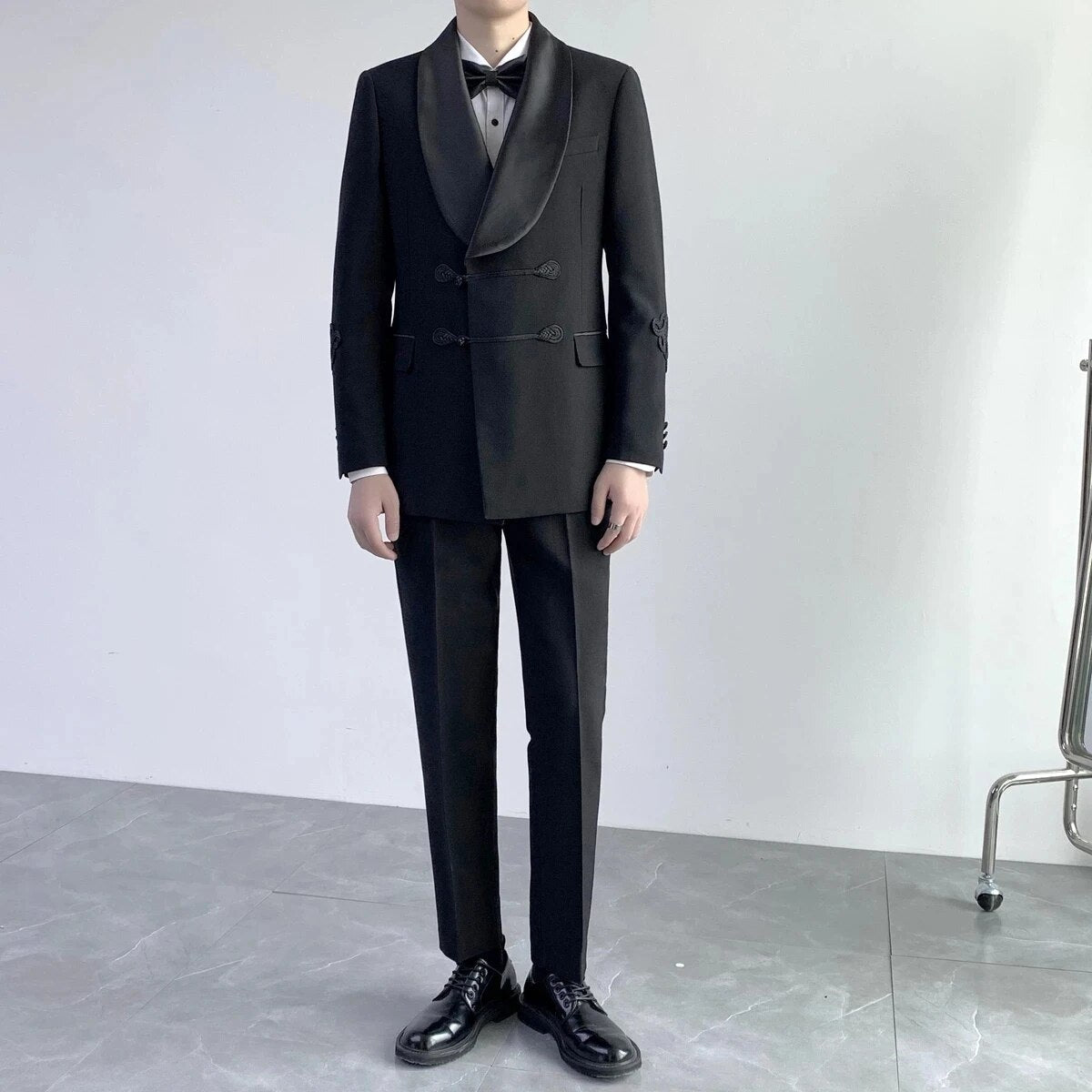 sanyamk Formal Wedding Groom Tuxedo With Chinese Knot Black Shawl Lapel Men Suits Double Breasted Slim Fit Blazer 2 Pcs (Jacket + Pants)