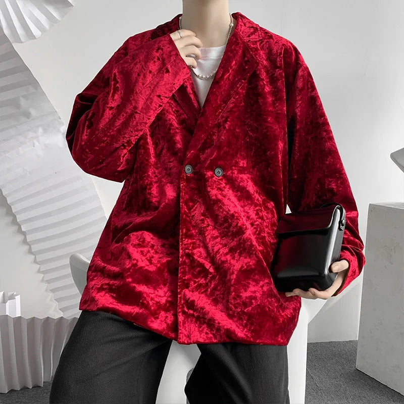sanyamk - Chic Menswear Red Pleuche Blazers New Loose Notched Double Breasted Suit Jacket Autum Winter Loose fit Coat D0722