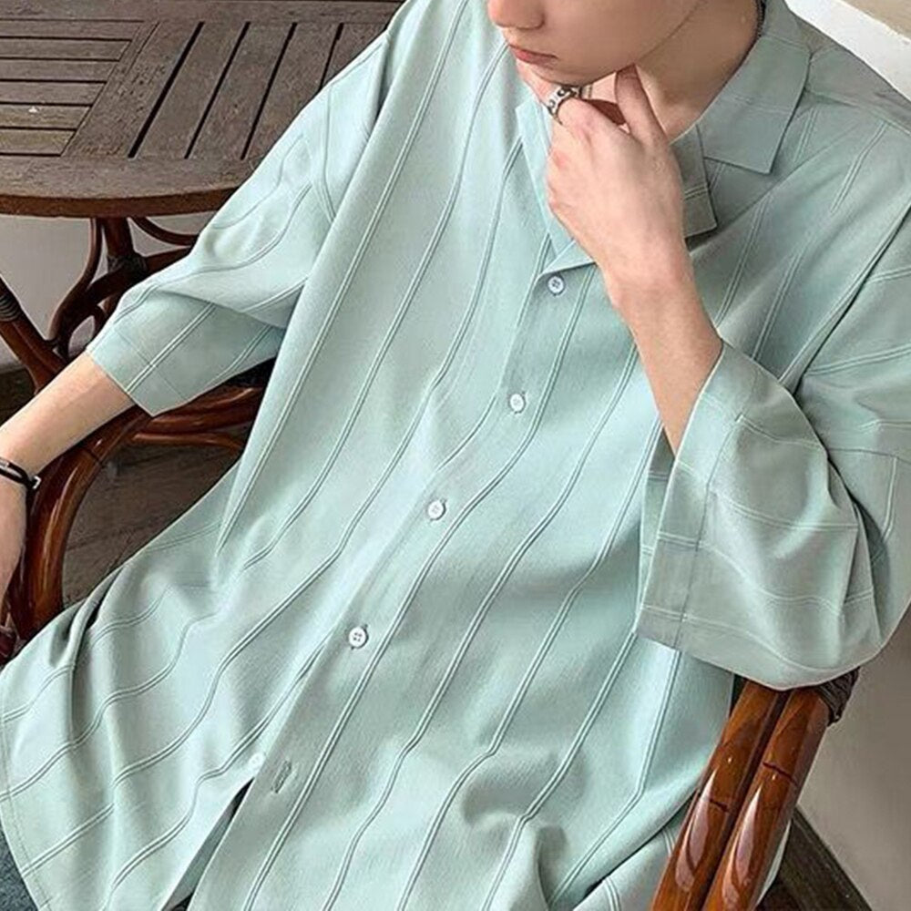 sanyamk Casual Simple Top LGBT Mens Solid Pleated Blouse Lapel Short Sleeve Shirt Streetwear Y2k Loose Leisure Tee Shirts Male Clothing