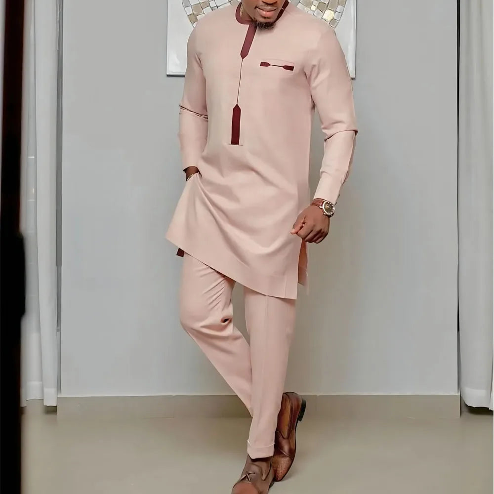 sanyamk - Kaftan Summer Men's Suits Short Sleeve Solid Top Pants Wedding African Ethnic Casual Wear Dashiki 2PCS Suit Fashion Men's Sets