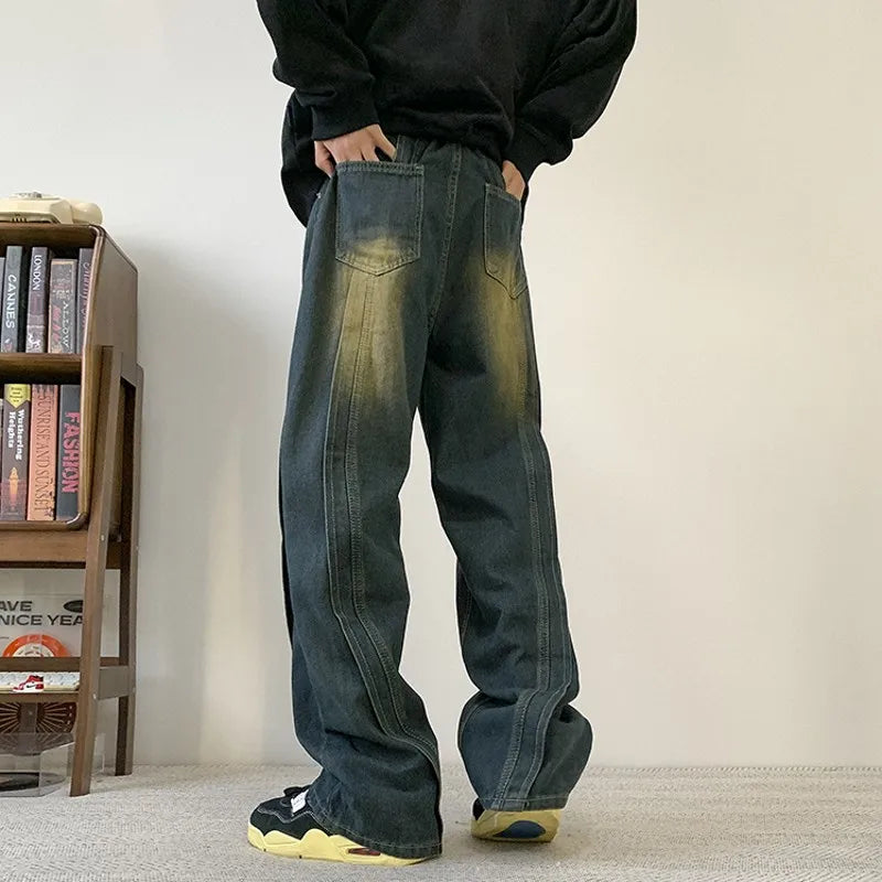 sanyamk Fashion High Street Mens Baggy Jeans Man Pants Black Blue Vintage Distress Layer Straight Long Denim Trousers Hip Hop Clothing