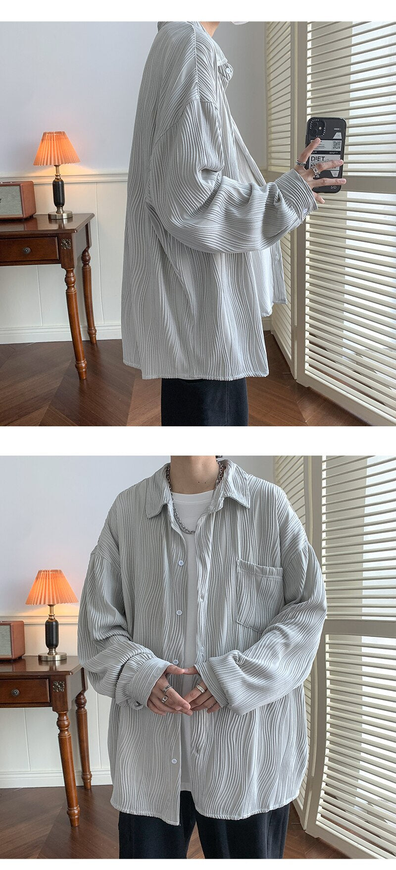 Bonsir Autumn Pleated Shirt Men Fashion 4-color Casual Ice Silk Shirt Mens Japanese Loose Long-sleeved Shirt Mens Large Size M-5XL