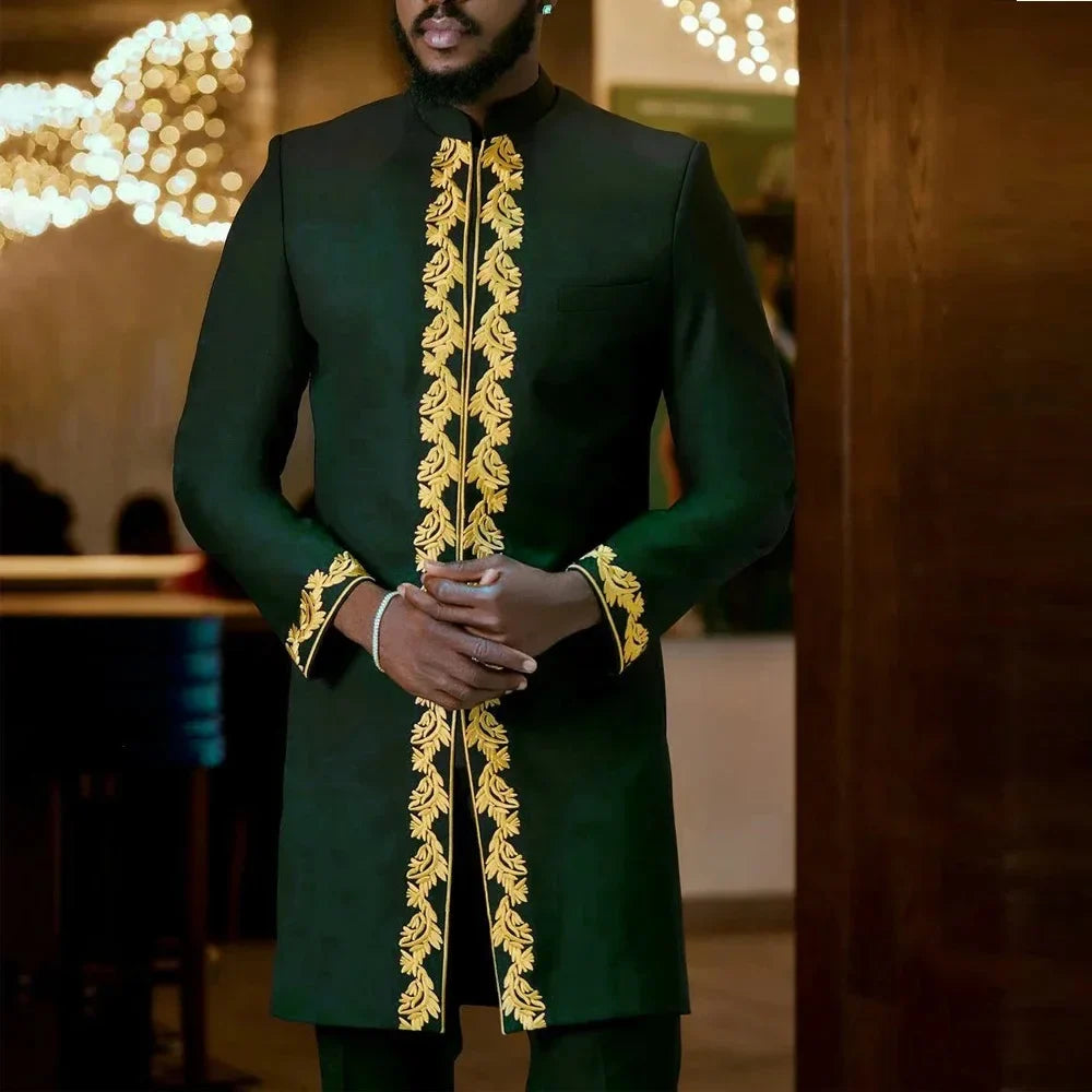 sanyamk - Kaftan Summer Men's Suits Short Sleeve Solid Top Pants Wedding African Ethnic Casual Wear Dashiki 2PCS Suit Fashion Men's Sets