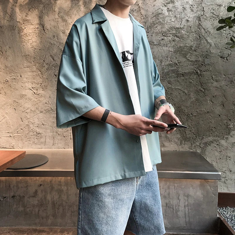 Bonsir Simple Solid Shirts Men Clothing Korean Loose Shirt Streetwear Chemise Homme Summer Half Sleeve Shirt Flat Collar Casual Tops