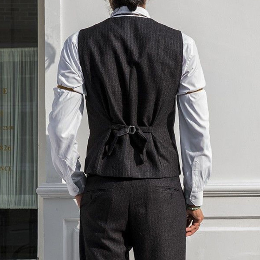 sanyamk British Style Retro Suit Vest Male Vertical Stripes Business Elegant Professional Formal Dress Body Fashion V-neck Suit Vest