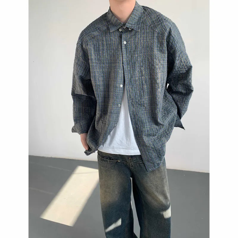 sanyamk Autumn Long Sleeved Shirt Men Fashion Color Plaid Shirt Men Streetwear Korean Loose Casual Shirt Mens Oversized Vintage Shirts
