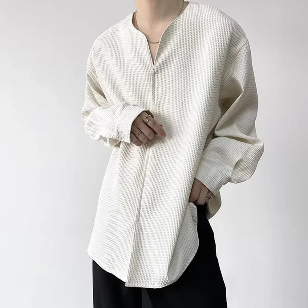 Bonsir 2024 Autumn Retro Temperament Waffle Pullover V-neck Shirt Men's Long-Sleeved Light Wind Ins Loose Korean Trend Shirt