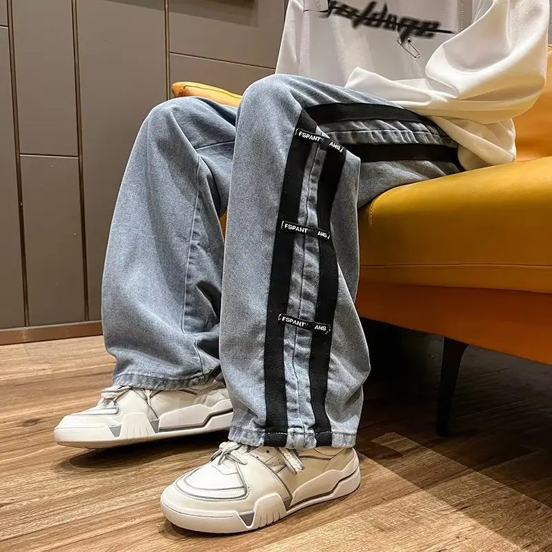 sanyamk Men Jeans Pants Black Wide Leg Oversize Cargo Korean Streetwear Hip Hop Harajuku Denim Trousers