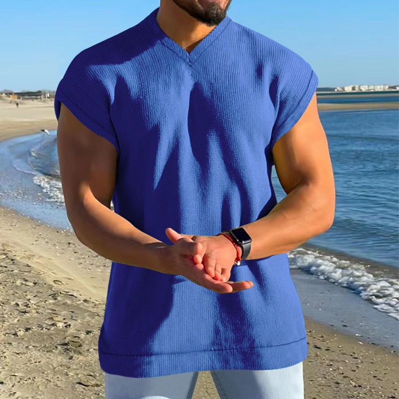 Bonsir Vintage Solid Color Ribbed V Neck Tank Tops Mens Summer Loose Sleeveless Casual Vest For Men Clothes Fashion Streetwear Camisole