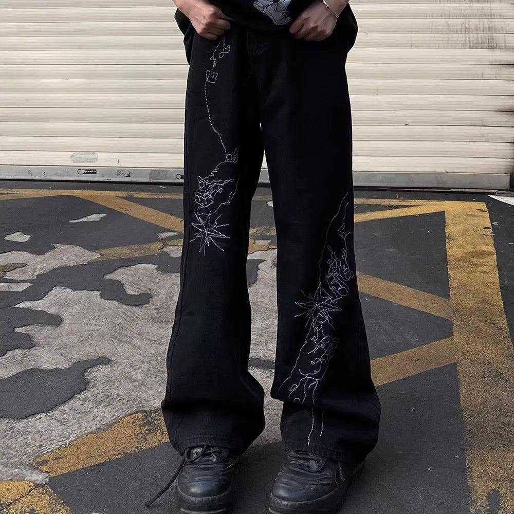 sanyamk American retro high street trendy and personalized graphic straight leg jeans for men and women hip-hop loose casual floor mops
