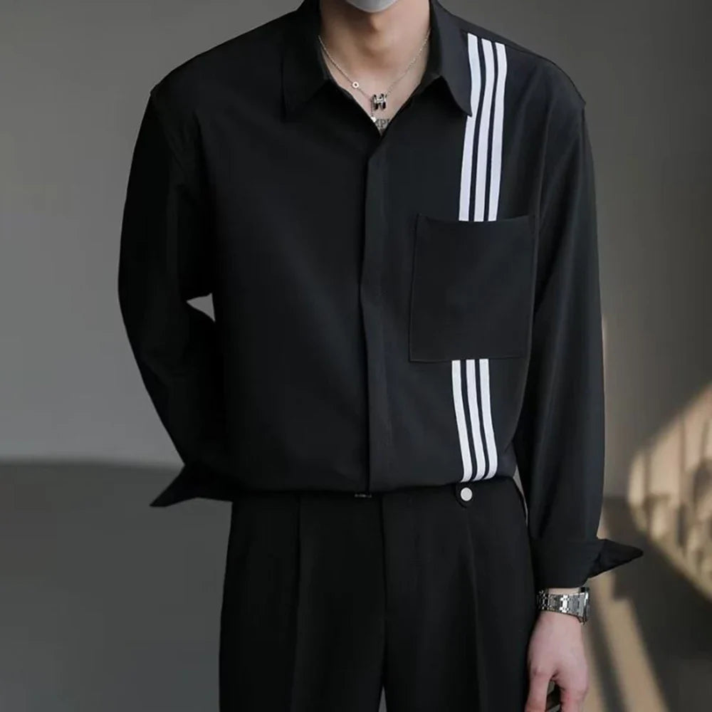 Bonsir Korean Style Loose Long-Sleeved Shirt For Men Autumn Trend British Elegant Slim Fit Retro Handsome Striped Webbing Shirt