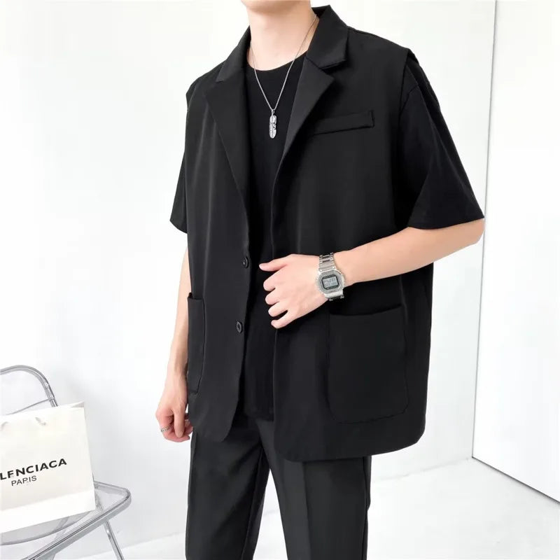 sanyamk Grey Black Suit Vest Men Fashion Social Mens Dress Vest Korean Loose Sleeveless Blazer Mens Jacket Office Formal Vest M-2XL