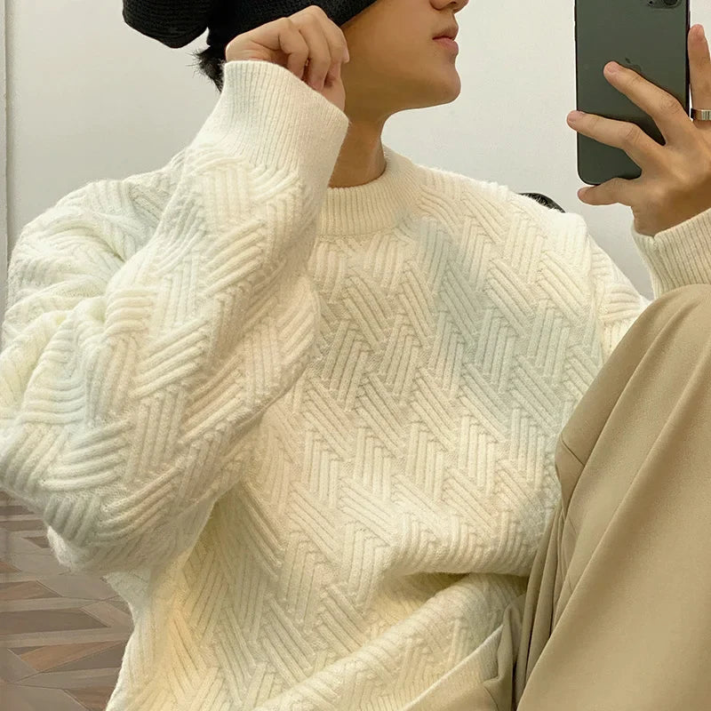 Bonsir - Winter Autumn Thick Pasted Cloth Pattern O-Neck Sweater Men's Loose Casual Blue Kinttwear Tops Korean Chic Clothing 2A0524