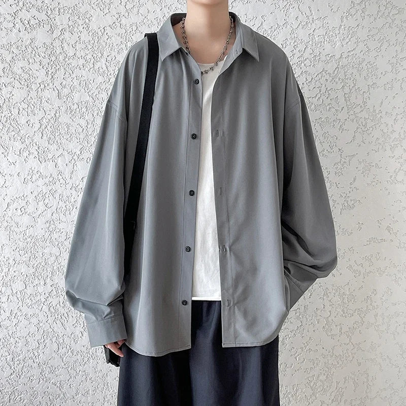 Bonsir Summer Mens Long Sleeve Shirts Solid Color Casual Cardigan Loose Base Vintage Harajuku Tops Blouses
