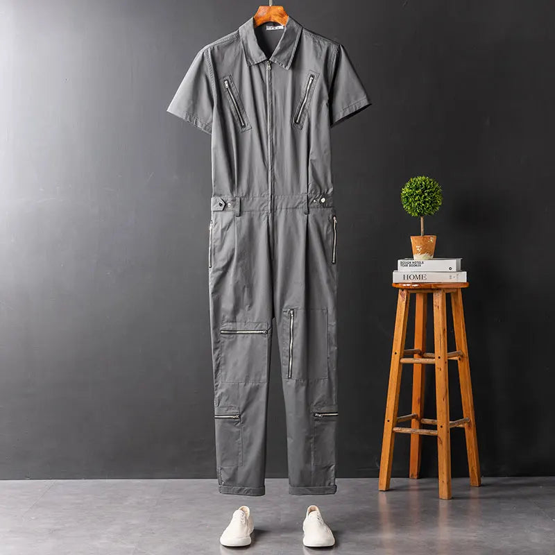 sanyamk - Summer Overalls Men Jumpsuit Lapel Cotton Short Sleeve Multi-Pocket Zipper Hip Hop Streetwear Pants Black Gray Trousers