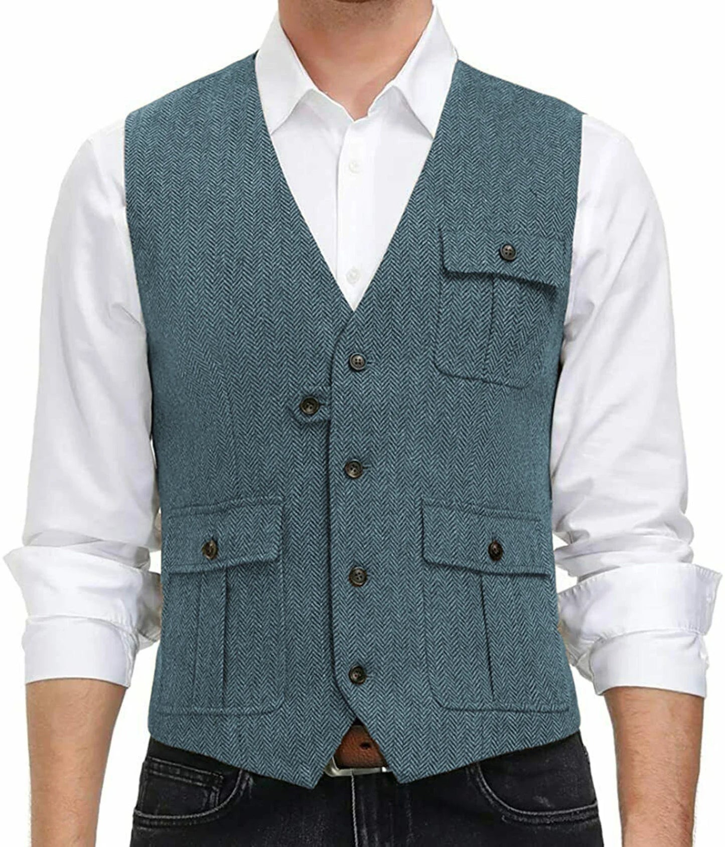 sanyamk Light Blue New Men Vest Wool Tweed Casual Waistcoat Formal Business Vest For Wedding Groomsmen Party Banquet Suit