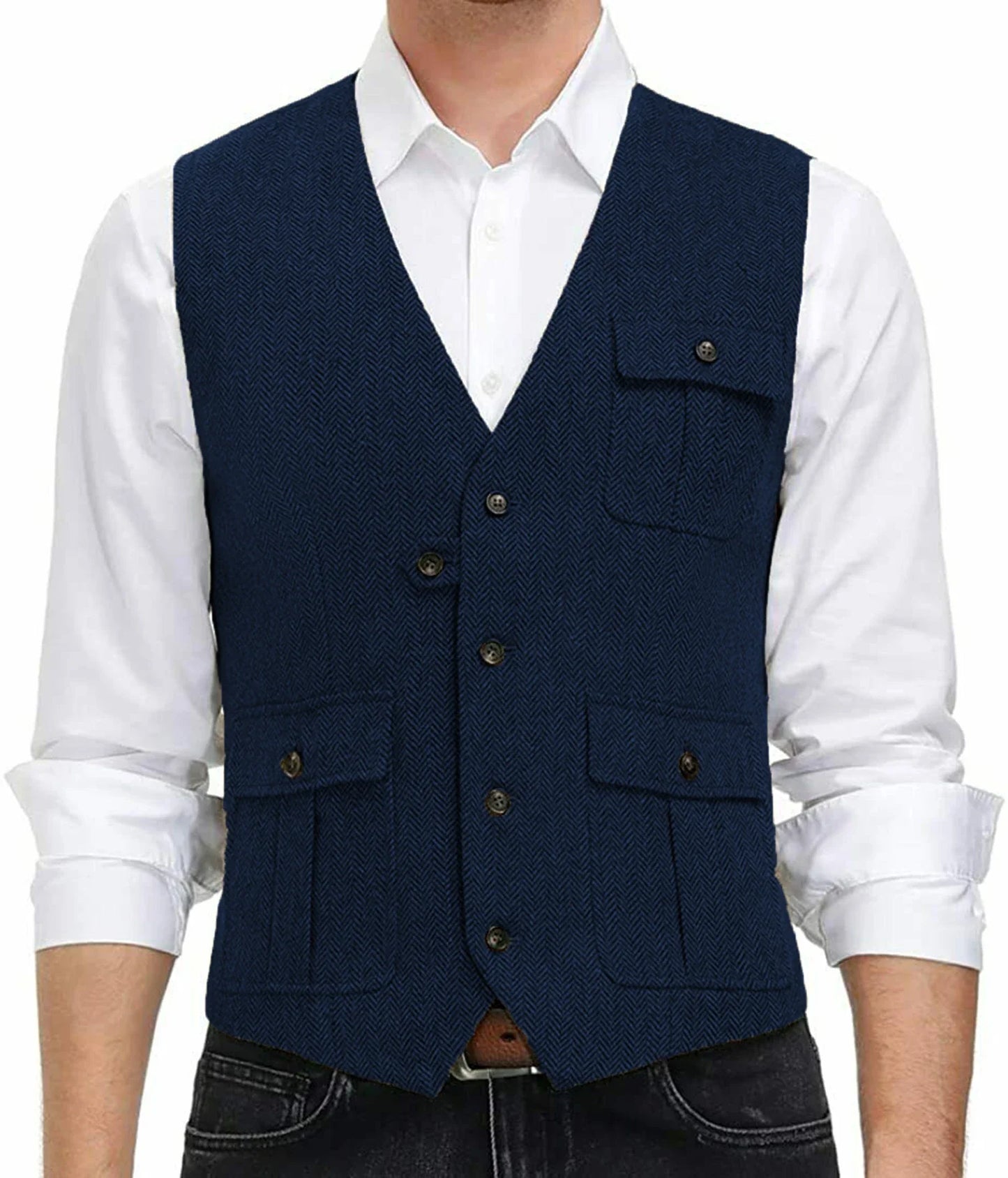 sanyamk Light Blue New Men Vest Wool Tweed Casual Waistcoat Formal Business Vest For Wedding Groomsmen Party Banquet Suit