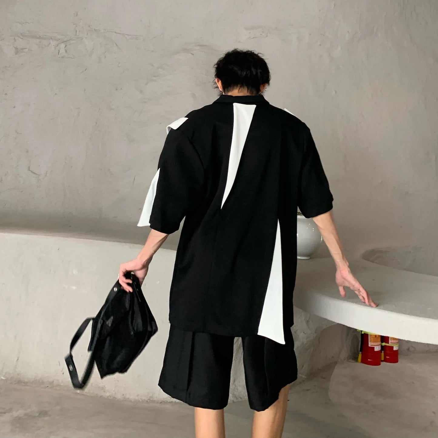 sanyamk - Summer High Street Men T-shirts Black White Contrast Patchwork Turn-down Collar Half Zipper Placket Short Sleeve Tops Tees Boys