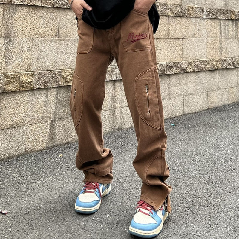 sanyamk Retro High Street Vibe Style Letter Embroidery Jeans for Men Ankle Zipper Straight Solid Color Baggy Casual Denim Trousers