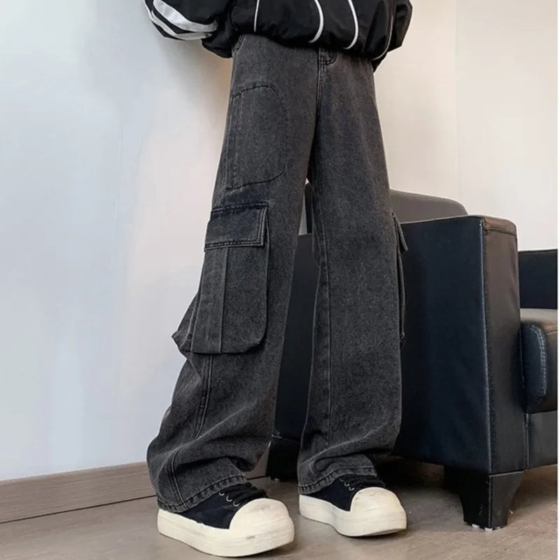 sanyamk Men Cargo Jeans Loose Straight Wide Leg Denim Pants Men's Hip Hop Streetwear Neutral Skateboard Mopping denim Trousers