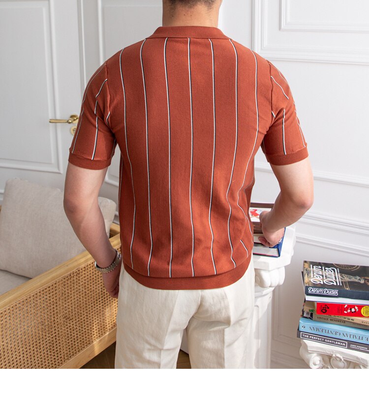 sanyamk Contrasting Stripes Casual Slim Lapel Polo Summer Knit Lapel T-shirt Polo Camisa Hombre British Men's Shirt Mannen Polo