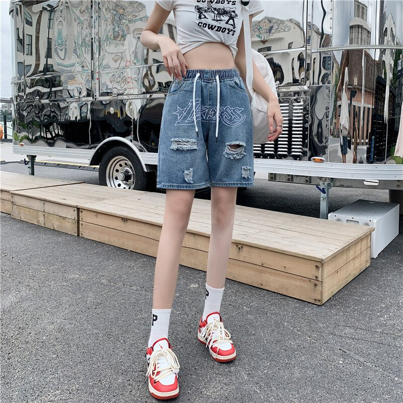 Bonsir Men's Denim Shorts Letter Embroidery Ripped Hole Short Jeans Women Wide Leg Shorts Hip Hop Drawstring Vintage Denim Pants Summer