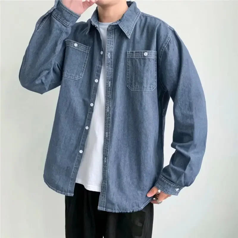 sanyamk Men's Long Sleeved Jeans Shirts Denim Shirt Fashion Classic Dress Shirts Streetwear Clothing