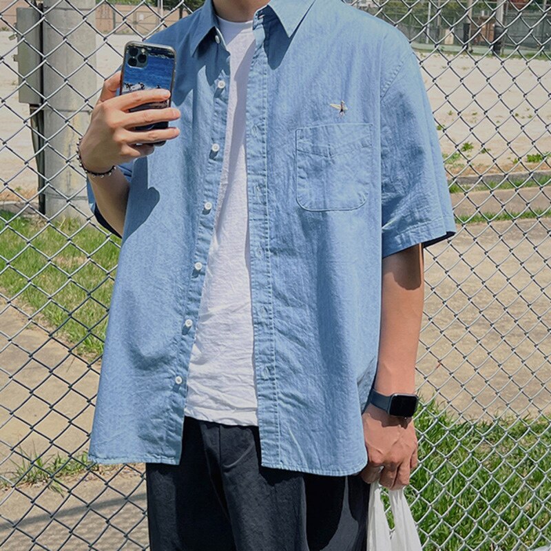 sanyamk Vintage Men's Stylish Washed Lapel Denim Shirts Korean Style Summer Male Solod Color Short Sleeve Tops New Trendy