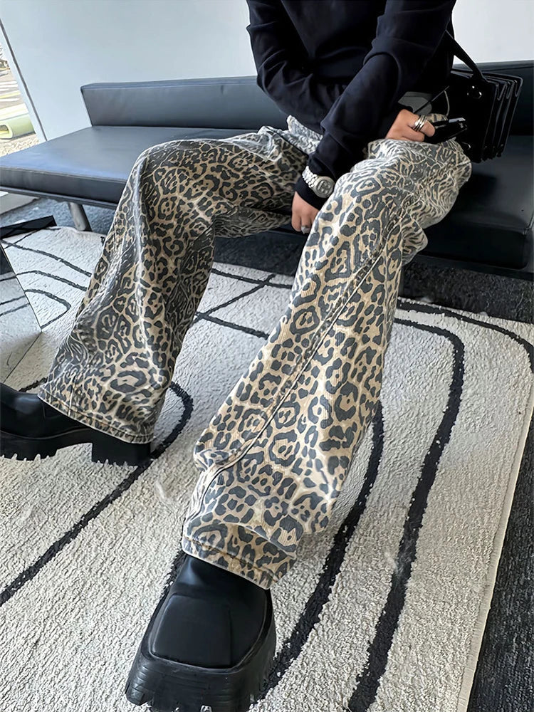 sanyamk Leopard Jeans for Men Denim Pants Male Oversize Wide Leg Trousers Streetwear Hip Hop Vintage Animal Print Loose Casual