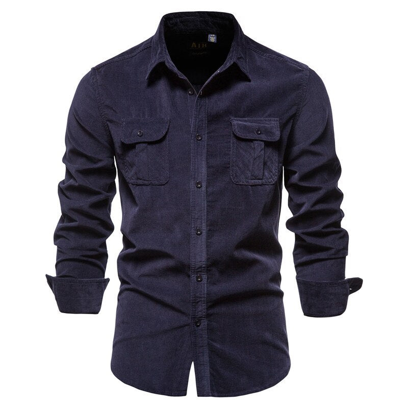 Bonsir Men's Shirt Cotton Lapel Casual Spring Autumn Corduroy Shirts for Men Slim Solid Color Shirts Long Sleeve Tops EU Size