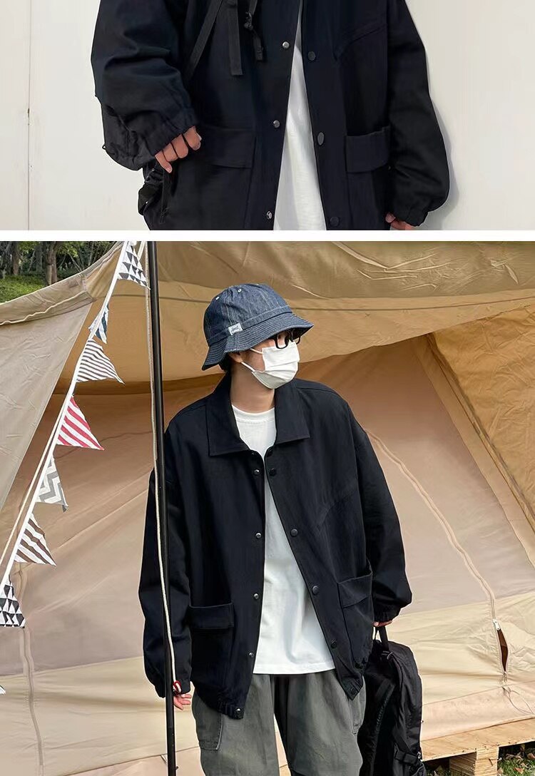 sanyamk Men's Japanese Vintage Lapel Collar Cargo Jackets Work Clothes Harajuku Loose Casual Coats Solid Color Outerwear M-2XL