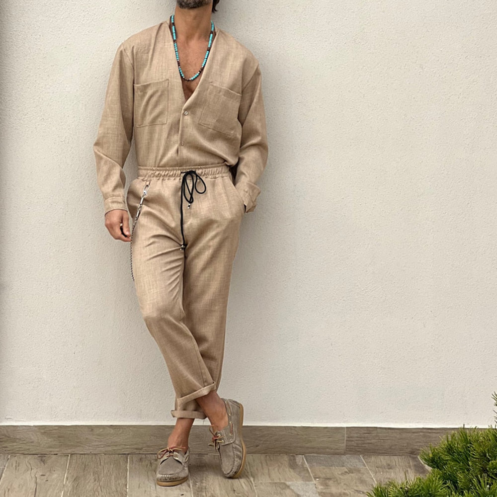 sanyamk Casual Cotton and Linen Suit Men's Casual Summer Vacation Solid Color Short-sleeved Shirt Straight Trousers Two-piece Set