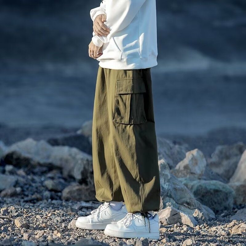 Bonsir Green Black Cargo Pants Men Fashion Retro Pocket Casual Pants Men Japanese Streetwear Hip Hop Loose Straight Pants Mens Trousers