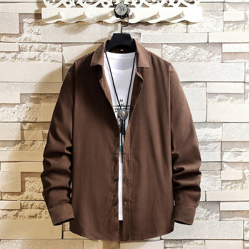 Bonsir Autumn Mens Cotton Shirts Turn-down Collar Button-down Cardigan Tops Men Casual Long Sleeve Shirt Fall Mens Clothes Fashion