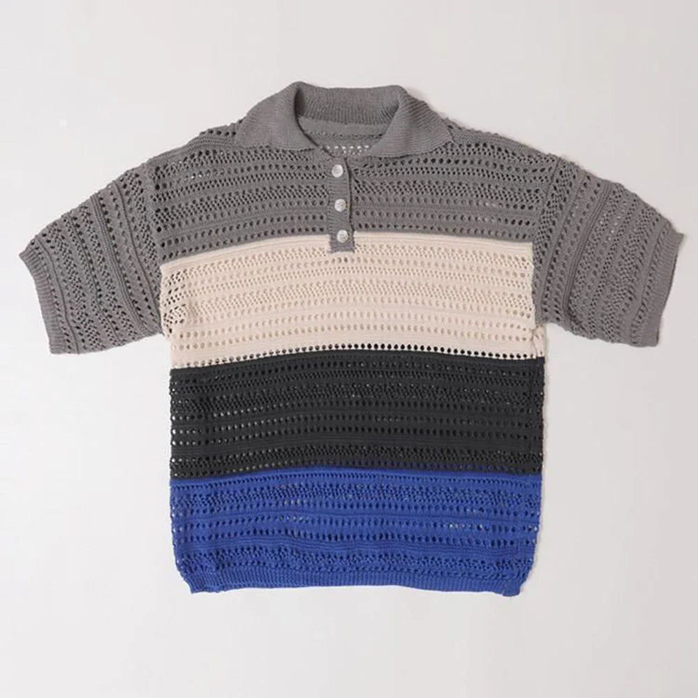 sanyamk Men Luxury Knit Polo Shirt Breathable Casual Hollow Out T Shirt Fashion Turn-down Rainbow Striped Short Sleeve Fishnet Tops Tees